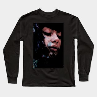 Beautiful girl, black shapes on skin. Sci-fi. Dark, slight blue. Long Sleeve T-Shirt